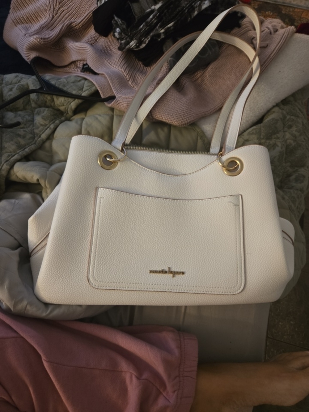 Nanette Lepore Cream Pebbled Leather Shoulder Bag with Gold Hardware